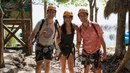 Visitors dressed in zip-lining gear