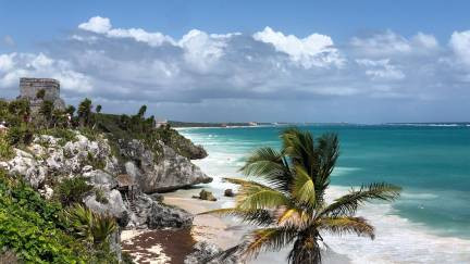 View of the Caribbean sea and the Mayan ruins